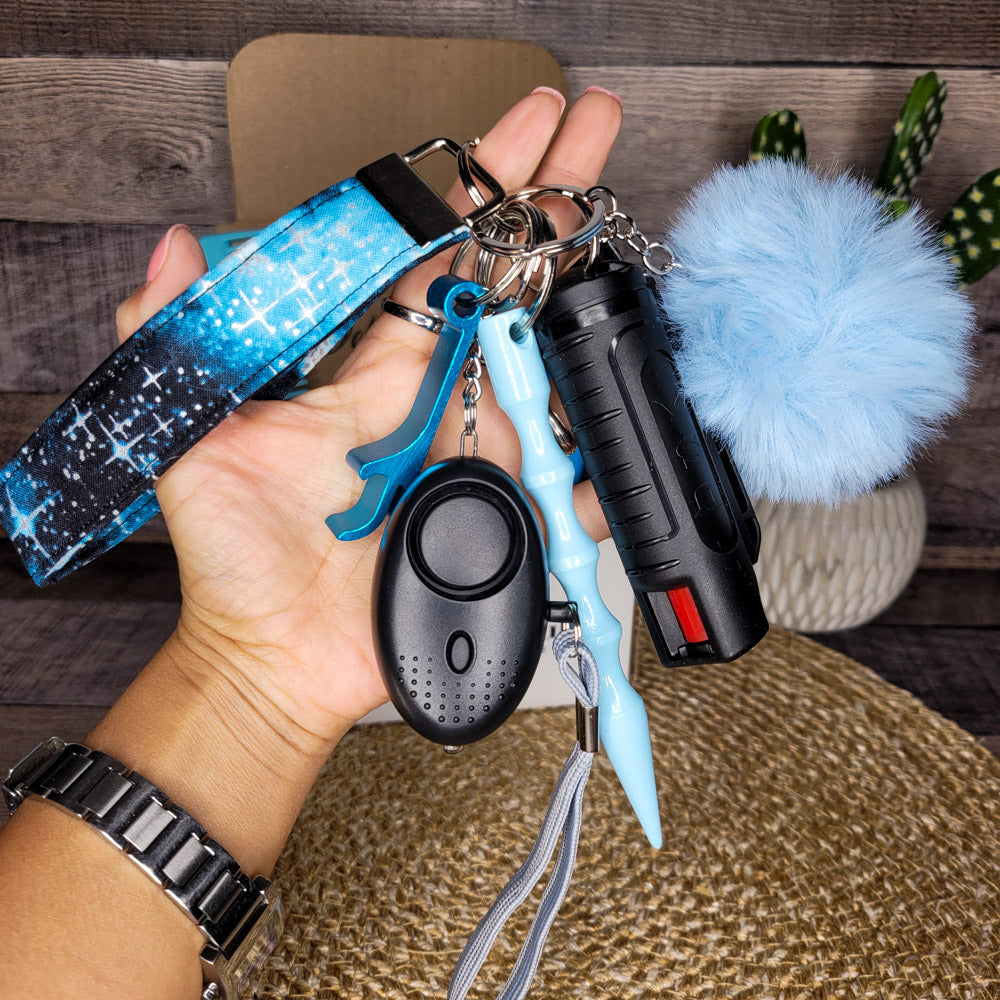 Self-defense safety keychain wristlet black turquoise blue pom pom