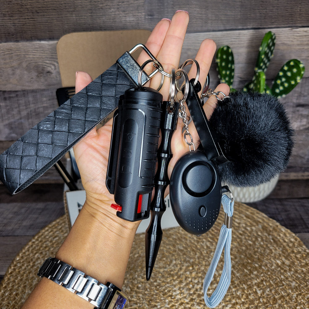 Black Self Defense Keychain Combo Set (Faux Leather Wristlet)