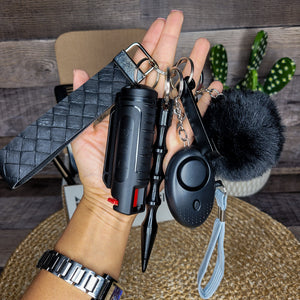 Black Self Defense Keychain Combo Set (Faux Leather Wristlet