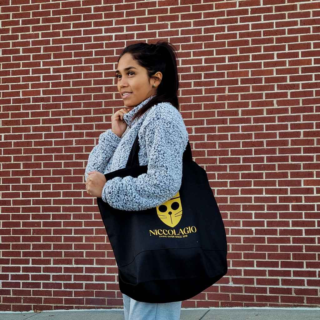 black and yellow tote bag with pockets