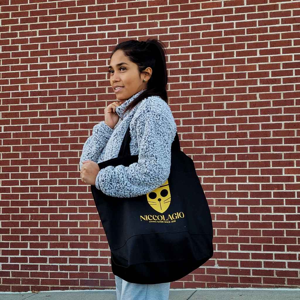 black and yellow tote bag with pockets